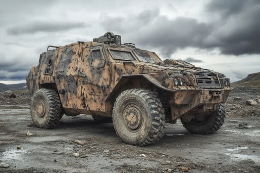 A rugged military vehicle covered in dirt, set against a cloudy landscape photo