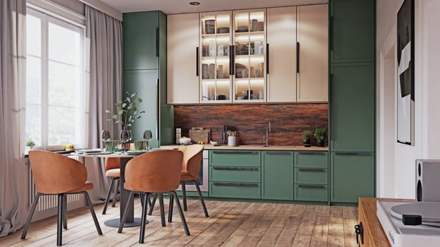 A modern kitchen and dining area. 3d photo