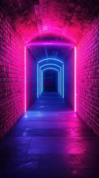 Vibrant neon-lit corridor with pink and blue lights illuminating an atmospheric brick tunnel photo