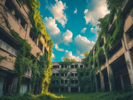 Urban Exploration of Abandoned Building with Greenery and Sky. photo