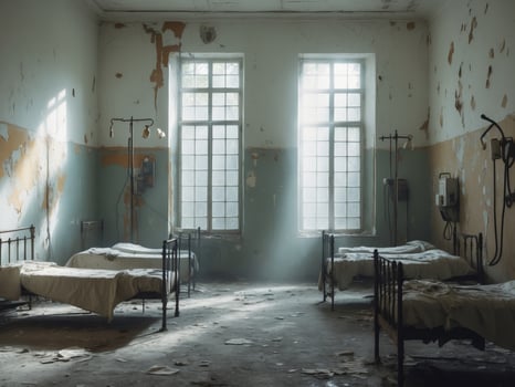 An abandoned hospital room with beds and windows photo
