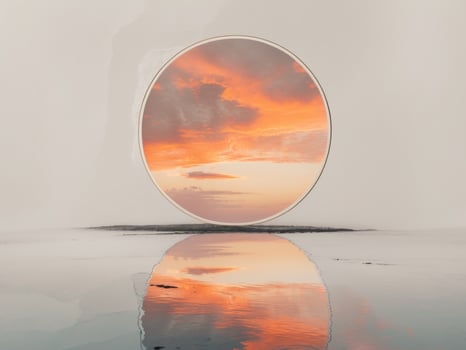 A circular window looking out over the ocean at sunset photo