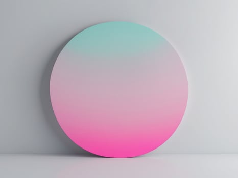 A pink and blue oval shaped mirror on a white wall photo