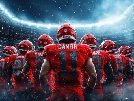 Football team prepares for game under dramatic stadium lights photo
