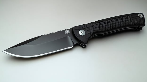 A tactical knife with a black textured handle and partially serrated blade set against a light gray background photo