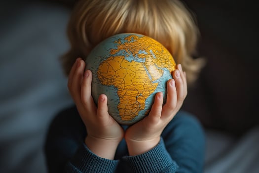 A small child holds a globe in his hands and covers his face with it. Environmental protection photo