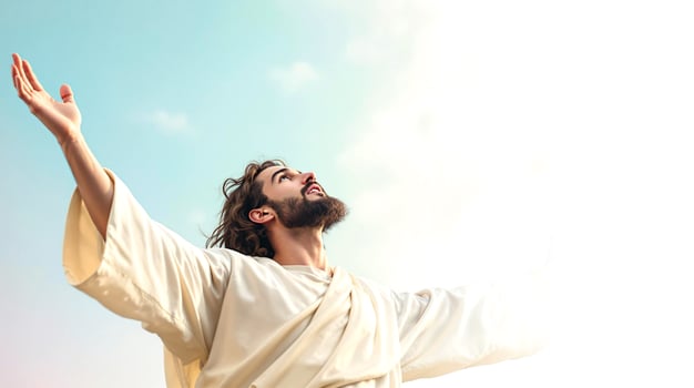 Jesus is standing with his arms outstretched and his hands up photo