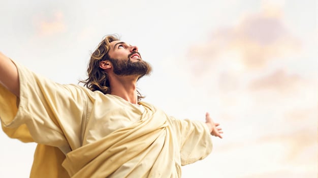Jesus is standing with his arms outstretched and his eyes closed photo