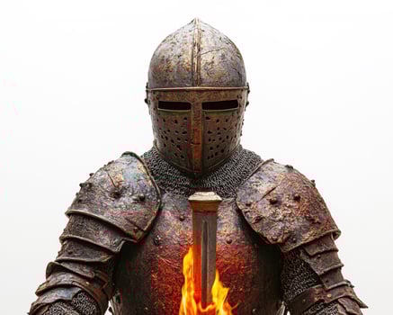Knight holding a sword with flames in a dramatic display photo