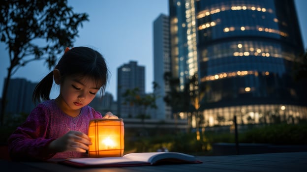 Economic Inequality Concept. A young girl reads with a lantern in an urban setting, illuminated by the glow of tall buildings at dusk. photo