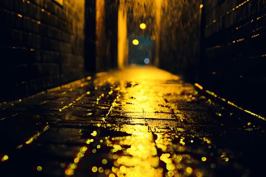 Nighttime Cobblestone Alleyway with Streetlights and Rain photo