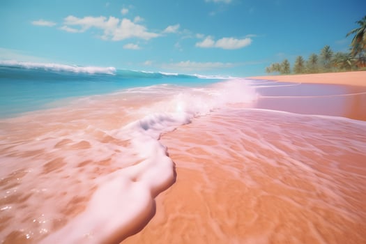 Ocean Wave on Pink Sand Beach with Palm Trees photo