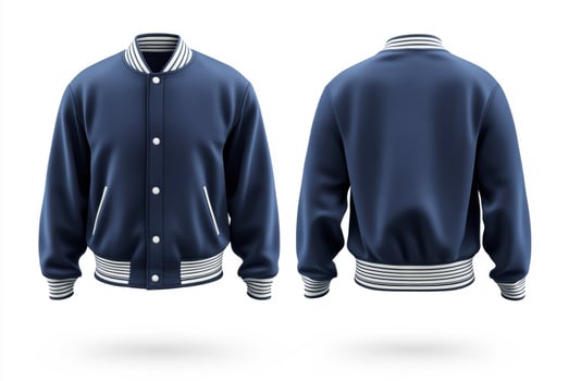 Navy blue varsity jacket with striped cuffs and buttons photo