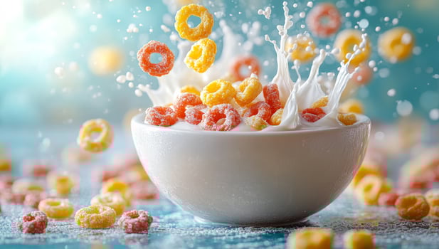 A bowl of cereal with milk and a splash of milk on the side. The bowl is white and the cereal is yellow and orange photo