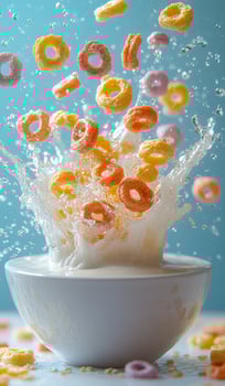 A bowl of cereal is falling into a bowl of milk, creating a colorful and messy scene. Concept of fun and playfulness, as well as the idea of enjoying a simple and delicious breakfast photo