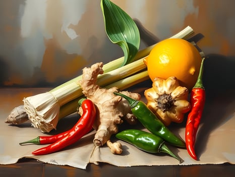 A painting of a bunch of vegetables and an orange photo