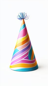 Colorful party hat designed with vibrant patterns, perfect for celebrations and festive occasions, displayed against a clean background photo