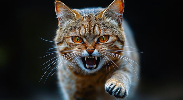 A cat is shown with its mouth open and teeth bared, looking angry and ready to attack photo