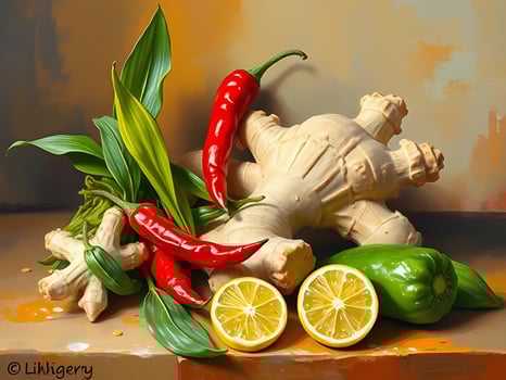 A painting of a lemon, ginger, and peppers photo