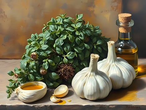 A painting of garlic and oil photo