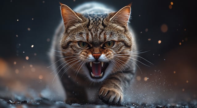 A cat is shown with its mouth open and teeth bared photo