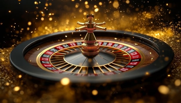Sparkling roulette excitement. A roulette wheel set against a glittering backdrop spins, reflecting the thrill of casino gaming activities at night. photo