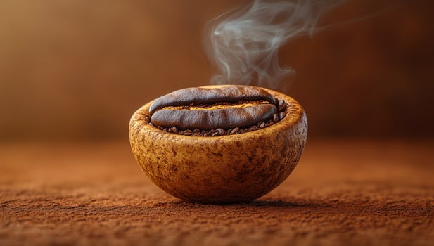 Unique bowl of brewed coffee. A warm, aromatic bowl filled with coffee beans emits steam, creating an inviting atmosphere in a cozy setting. photo