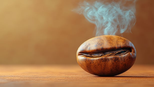 Fresh coffee beans steaming. A single roasted coffee bean sits on a textured surface, releasing aromatic steam in a warm, inviting setting. photo