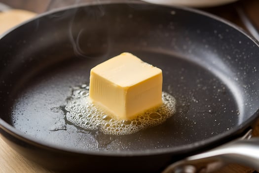 A block of butter is being fried in a pan photo