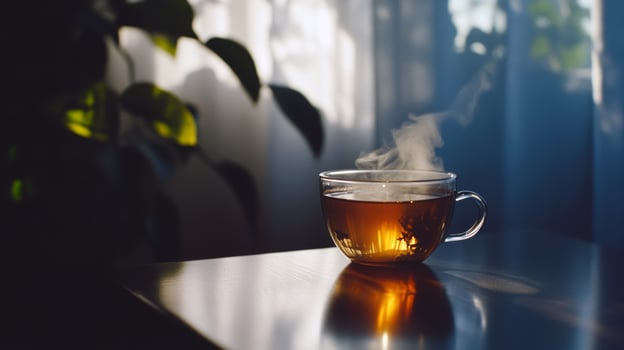 Morning sunlight steaming cup of tea on wooden table near green plant photo