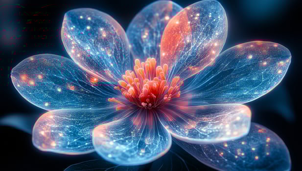 Night flower with glowing colors. A bright flower shows vibrant colors and intricate petal details against a dark background. photo