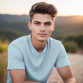 A young man in a blue shirt sitting on a hill photo