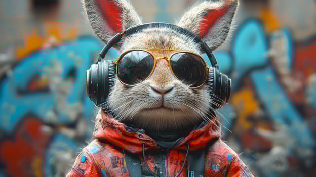 Sunglass-wearing rabbit DJ. A rabbit dressed in a vibrant jacket and sunglasses enjoys music with big headphones in an urban setting. photo
