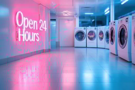 Dimly lit laundromat bathed in pink and blue hues from a neon sign, highlighting washing machines and a forgotten sock on the floor, creating a nostalgic atmosphere photo
