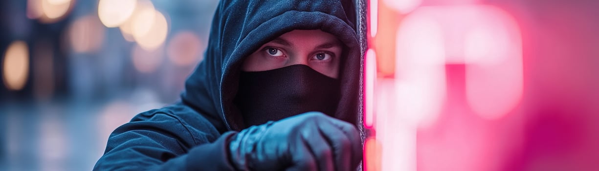 A figure clad in a black hoodie and gloves stands cautiously in a narrow, dimly lit alley photo