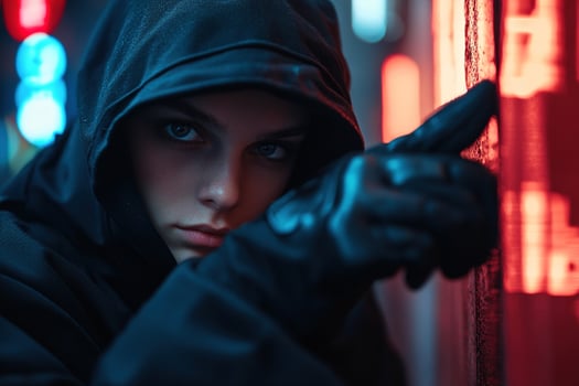 In a narrow, dimly lit alley, a shadowy figure in a black hoodie and gloves cautiously observes their surroundings, eyes glinting with tension against wet pavement and distant city lights photo