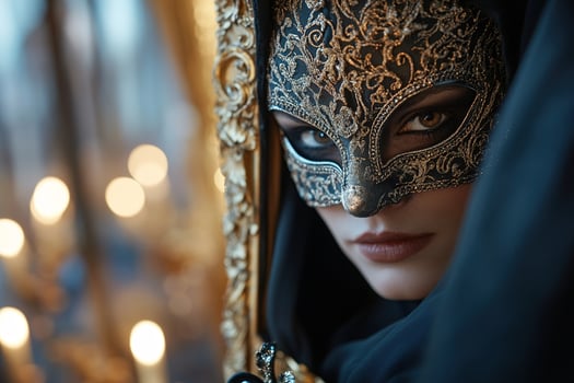 A shadowy figure dressed in a flowing black cloak and intricate Venetian mask slips through an open window, clutching a stolen jewel while flickering candlelight illuminates the ornate surroundings photo