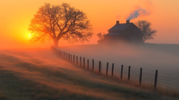 Sunrise over a foggy rural landscape. A cozy house stands by a tree as the sun rises, casting warm light on the misty countryside at dawn. photo
