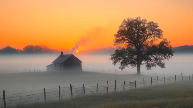 Sunrise over a misty farm landscape. A quaint cabin sits in a field as the sun rises, casting a soft glow through morning mist and smoke. photo