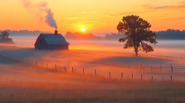 Peaceful country sunrise. A rustic house with smoke rising from the chimney sits in a misty field at sunrise, surrounded by a tranquil atmosphere. photo