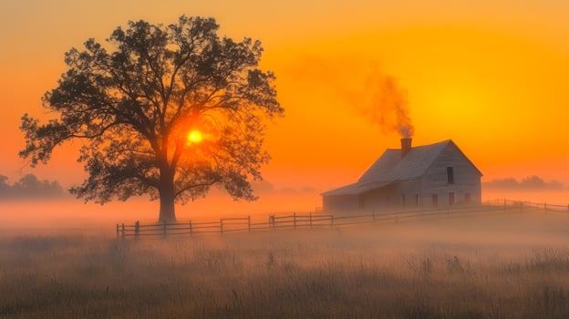 Sunset over a quiet farmhouse with smoke. A tranquil farmhouse stands under a glowing sunset, with smoke rising from its chimney and a tree silhouetted. photo