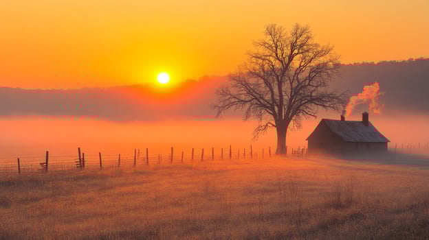 Misty sunrise with rustic cabin. Golden sunrise illuminates a tranquil landscape featuring a cabin, a tall tree, and mist hovering over the field. photo