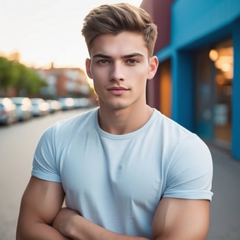 A young man with his arms crossed standing in front of a building photo