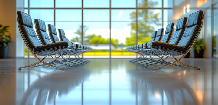 Modern waiting area with sleek seating. Bright, spacious waiting area with stylish chairs and large windows for plenty of natural light. photo