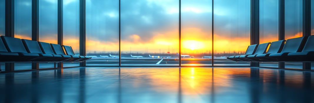 Waiting area at sunset in the airport. Passengers wait in a sleek airport lounge as the sunset casts vibrant colors through the large windows. photo
