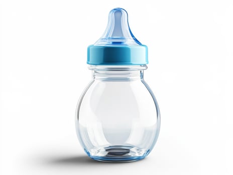 Clear baby bottle with blue cap and nipple designed for feeding photo