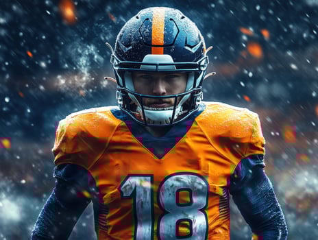 Football player wearing orange jersey in dramatic atmosphere photo