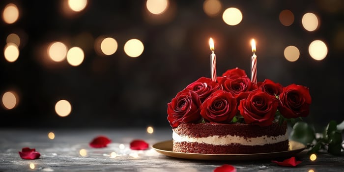 Elegant birthday cake adorned with roses and candles, perfect for celebrations at night photo