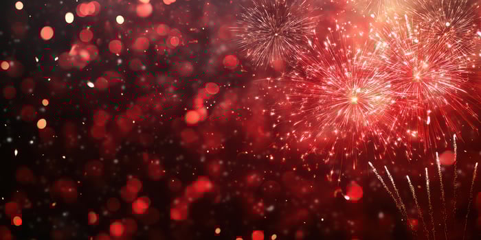 Colorful fireworks burst in the night sky above sparkling red bokeh lights during a festive celebration photo