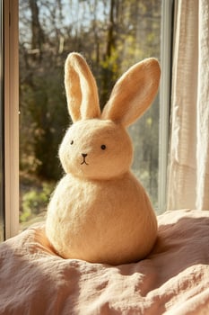 A stuffed bunny sitting on a bed near a window photo